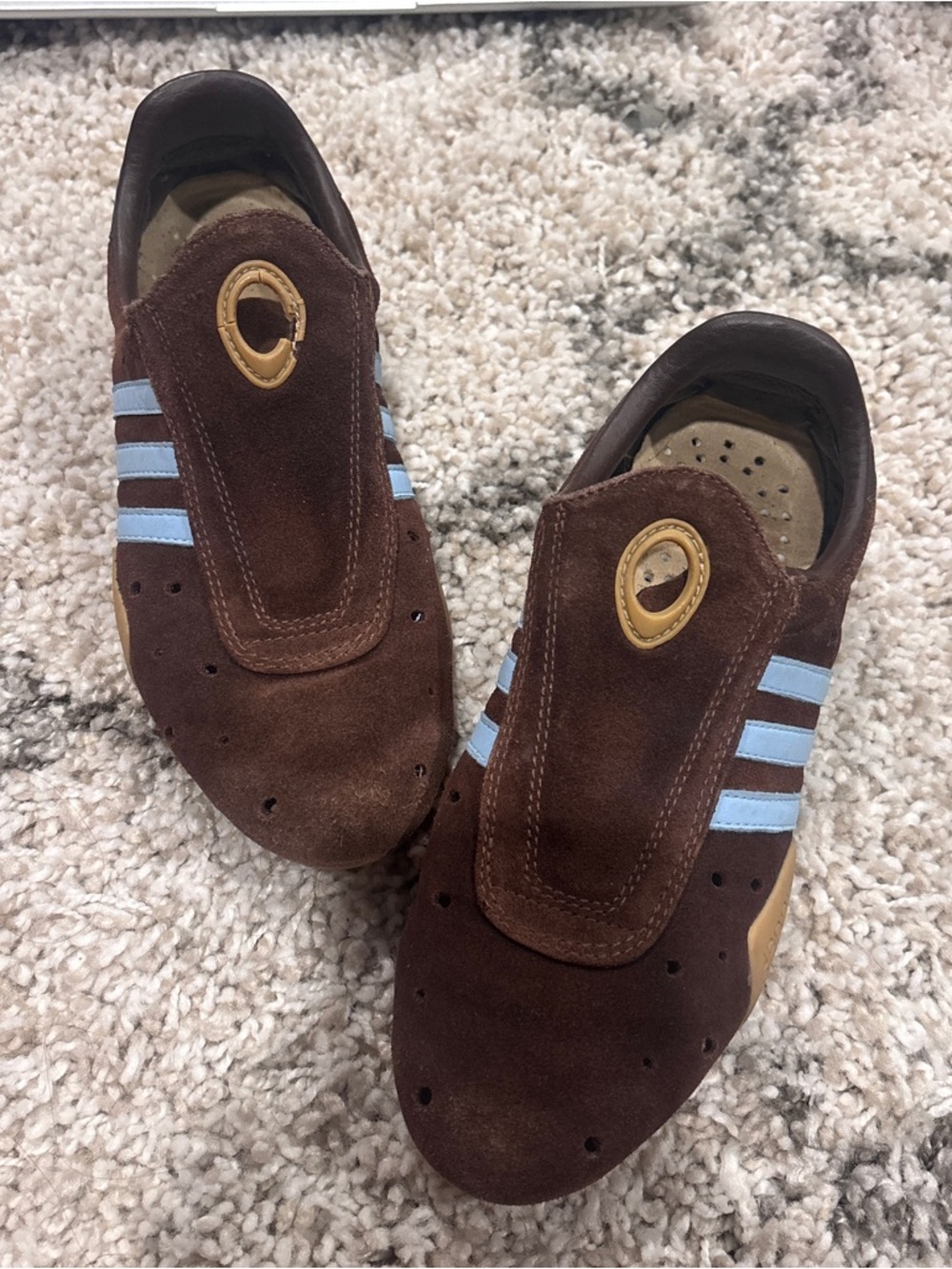 adidas Brown Suede Sneakers with Light Blue Stripes